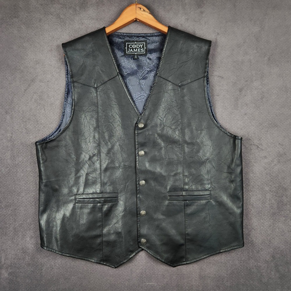 Cody James Deadwood Vest Mens XL Black Faux‎ Leather Western Snap CMBA17V32-BLK
